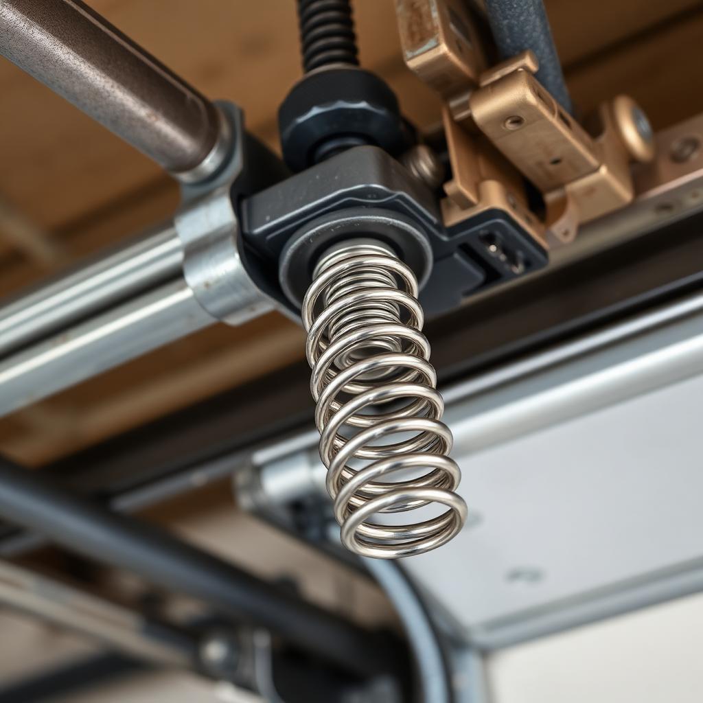 Garage door spring replacement showing torsion spring system and professional tools