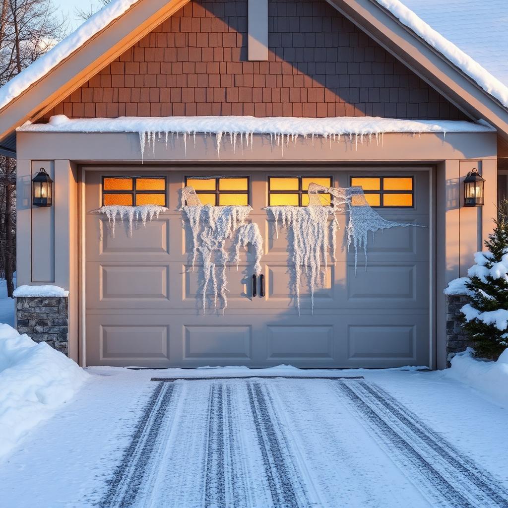 Garage door in winter with snow showing weatherstripping and insulation details